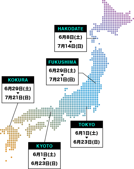 函館：6月8日（土）～7月14日（日） 福島：6月29日（土）～7月21日（日） 東京：6月1日（土）～6月23日（日） 京都：6月1日（土）～6月23日（日） 小倉：6月29日（土）～7月21日（日）