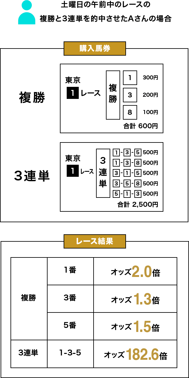 土曜日の午前中のレースの複勝と3連単を的中させたAさんの場合 購入馬券 東京1レース 複勝 1 300円 3 200円 8 100円 合計600円 3連単 1-3-5 500円 1-3-8 500円 3-1-5 500円 3-5-8 500円 5-1-3 500円 合計2,500円 レース結果 複勝 1番 オッズ2.0倍 3番 オッズ1.3倍 5番 オッズ1.5倍 3連単 1-3-5 オッズ182.6倍