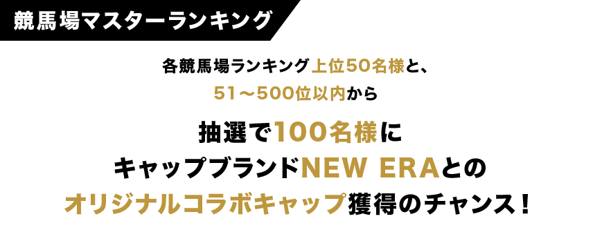 競馬場マスターランキング 各競馬場ランキング上位50名様と、51～500位以内から抽選で100名様にキャップブランドNEW ERAとのオリジナルコラボキャップ獲得のチャンス！