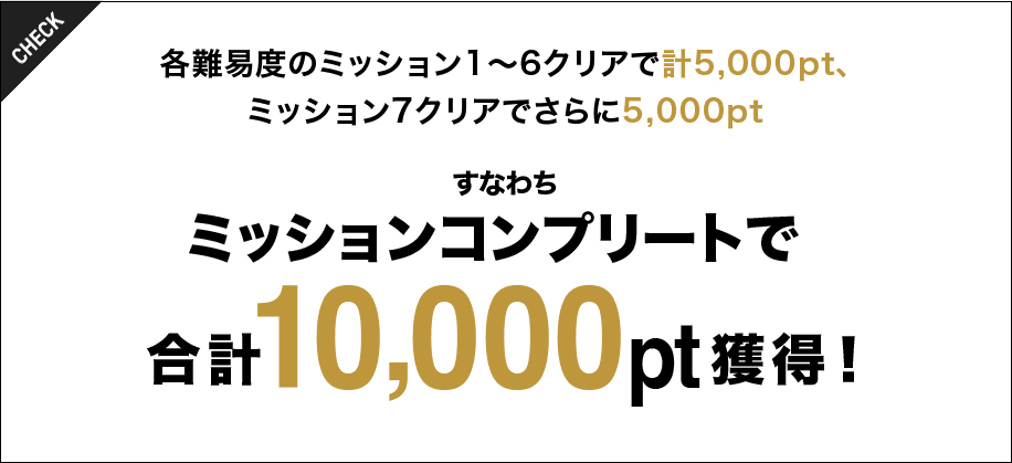 CHECK 各難易度のミッション1～6クリアで計5,000pt、ミッション7クリアでさらに5,000pt すなわちミッションコンプリートで 合計10,000pt獲得！