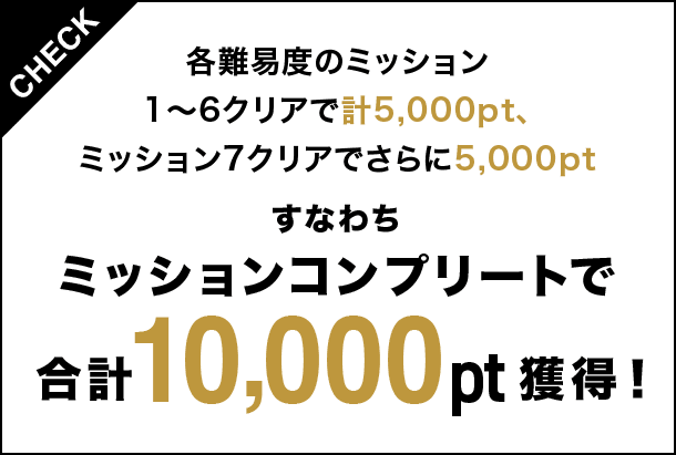 CHECK 各難易度のミッション1～6クリアで計5,000pt、ミッション7クリアでさらに5,000pt すなわちミッションコンプリートで 合計10,000pt獲得！