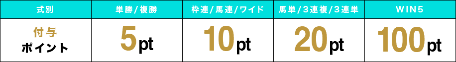 単勝/複勝 5pt 枠連/馬連/ワイド 10pt 馬単/3連複/3連単 20pt WIN5 100pt