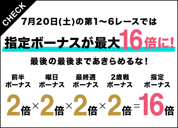 CHECK 7月20日（土）の第1〜6レースでは指定ボーナスが最大16倍に!最後の最後まであきらめるな！ 前半ボーナス2倍 × 曜日ボーナス2倍 × 最終週ボーナス2倍 × 2歳戦ボーナス2倍 = 指定ボーナス16倍