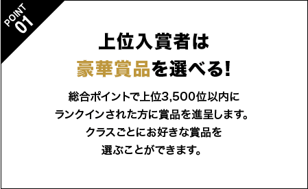 POINT01 上位入賞者は豪華賞品を選べる! 総合ポイントで上位3,500位以内にランクインされた方に賞品を進呈します。クラスごとにお好きな賞品を選ぶことができます。