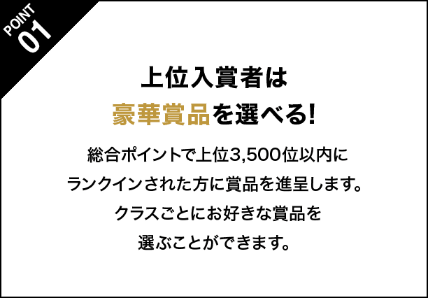 POINT01 上位入賞者は豪華賞品を選べる! 総合ポイントで上位3,500位以内にランクインされた方に賞品を進呈します。クラスごとにお好きな賞品を選ぶことができます。