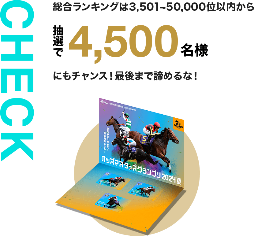 CHECK 総合ランキングは3,501~50,000位以内から抽選で4,500名様にもチャンス！最後まで諦めるな！