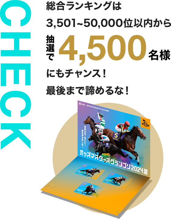 CHECK 総合ランキングは3,501~50,000位以内から抽選で4,500名様にもチャンス！最後まで諦めるな！